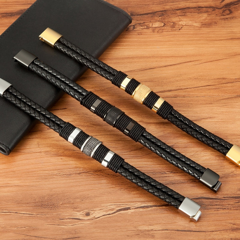 Bracelet en cuir tissé pour hommes, Style spécial, classique, en acier inoxydable, Design Double couche