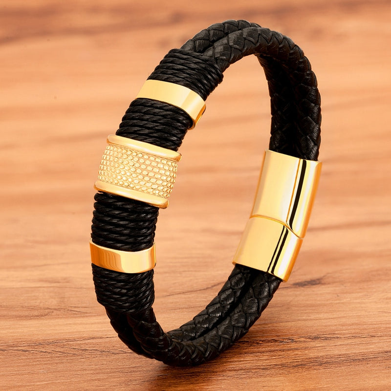 Bracelet en cuir tissé pour hommes, Style spécial, classique, en acier inoxydable, Design Double couche