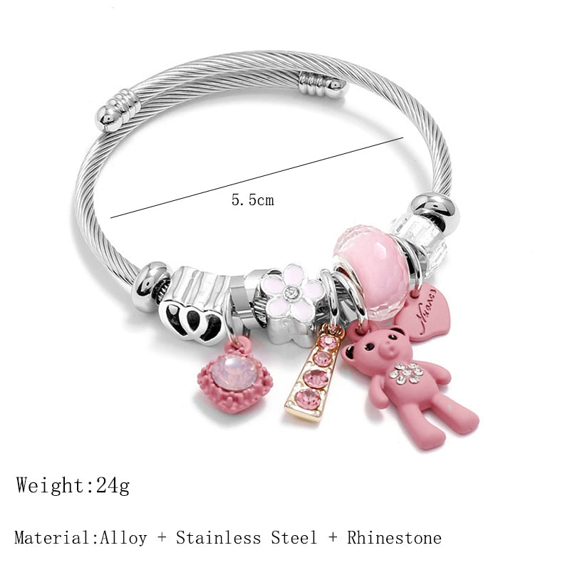 Bracelets  à Charms à faire soi-même, grand ours rose, pendentif cœurs, amour, Bracelet