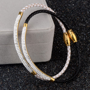 Bracelet en cuir et acier inoxydable pour femme avec strass et fermoir magnétique en cristal