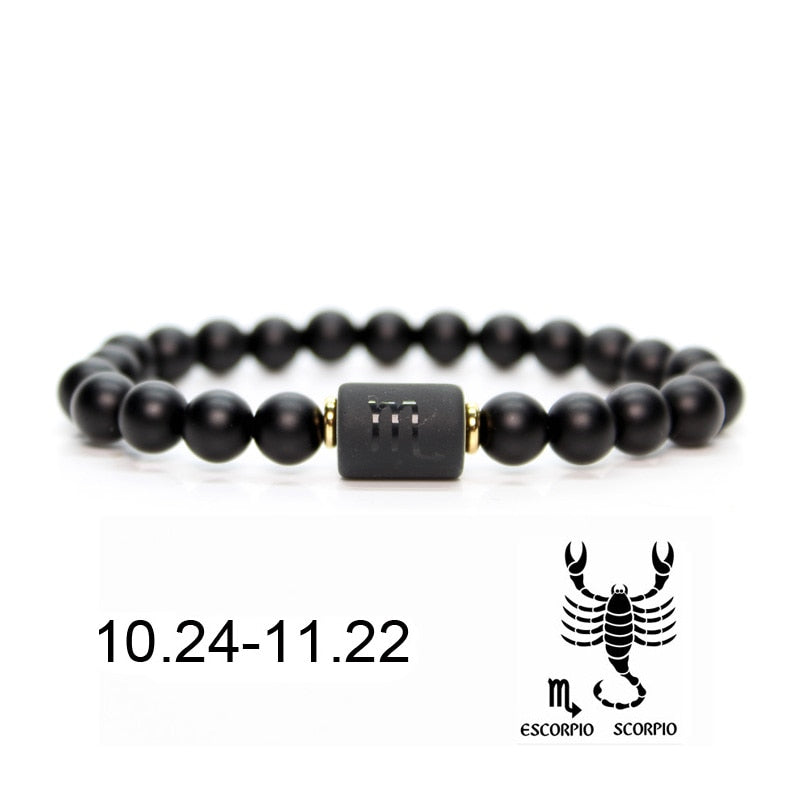 Bracelet de perles de pierres noires pour homme et femme avec 12 constellations