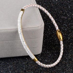 Bracelet en cuir et acier inoxydable pour femme avec strass et fermoir magnétique en cristal