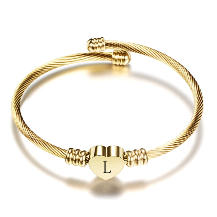 Bracelet cœur doré avec lettre initiale pour femmes en acier inoxydable