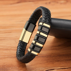 Bracelets tressés en cuir noir et acier inoxydable pour hommes